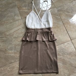 White and Tan Sexy Plunge Dress